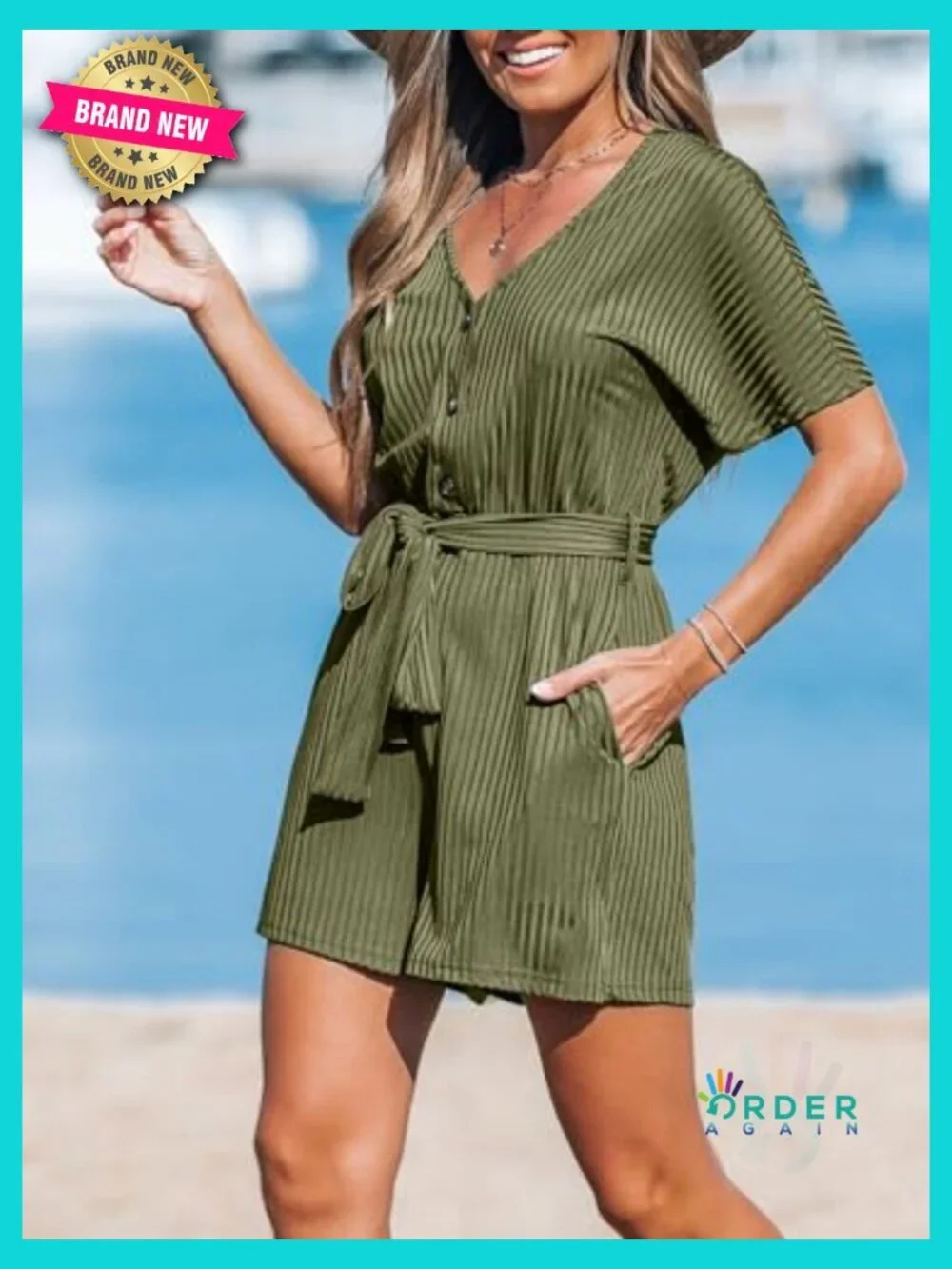 Ribbed V-Neck Romper Short Sleeve Casual Dressy Jumpsuit with Waist Tie